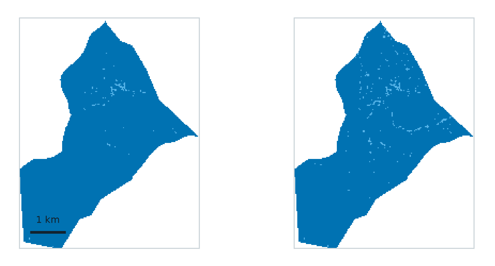 The cutting area at the end of 2020 (left) and the end of 2025 (right). Dark blue: undisturbed forest. Light blue: disturbed canopy that did not clear. No pixel reads as cleared land in either year.