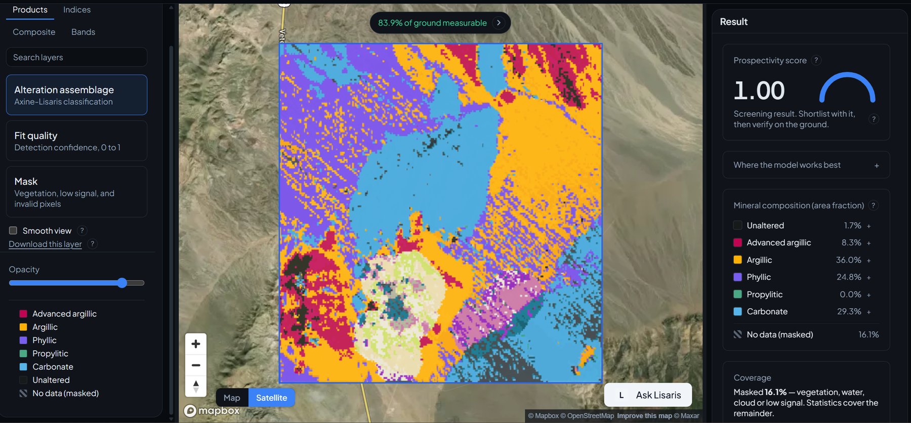 A real alteration classification over a historic Nevada district, with the mineral composition of the scene reported beside the map