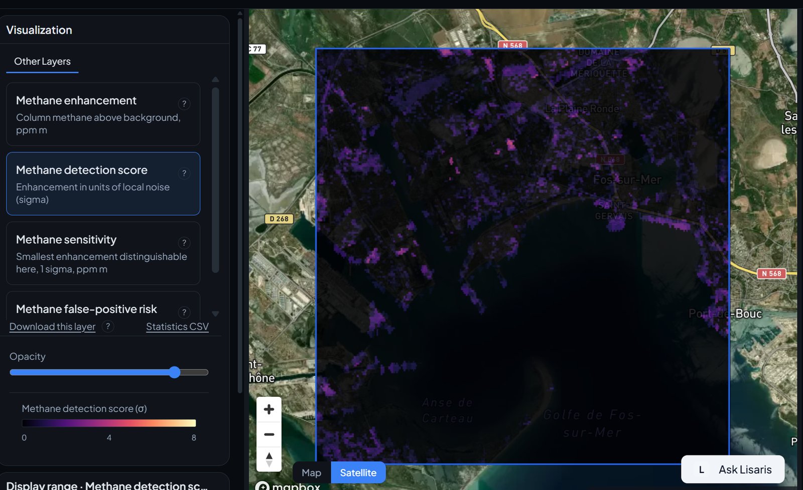 The methane workspace over an industrial gulf coastline, with detection score, sensitivity and false-positive risk as separate layers
