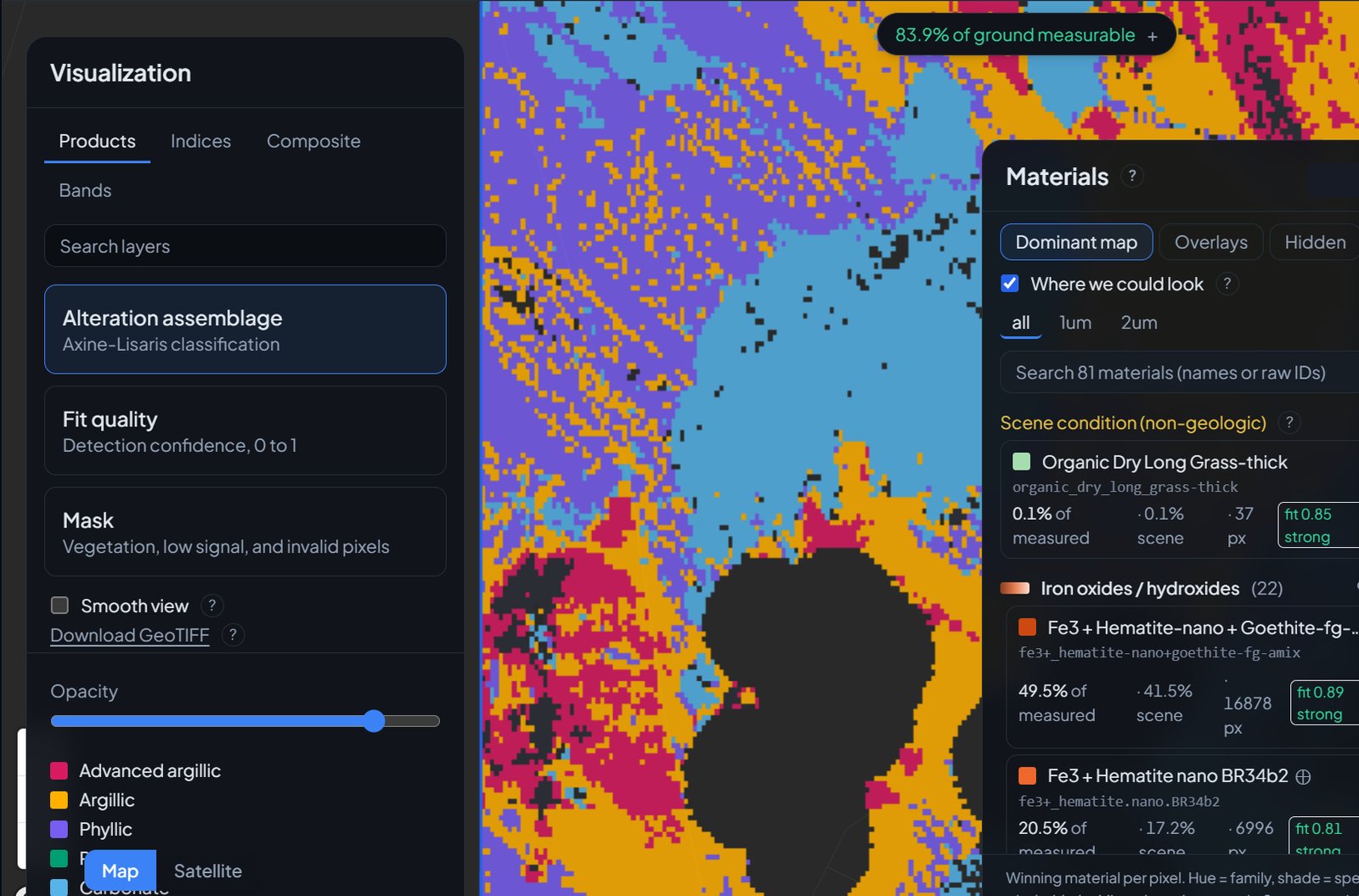 The Lisaris workspace: an alteration classification over a mining district, with layer controls, legend and live statistics